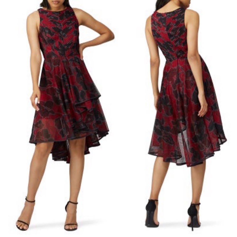 HALSTON Sleeveless Tulle Red and Black High Low Dress